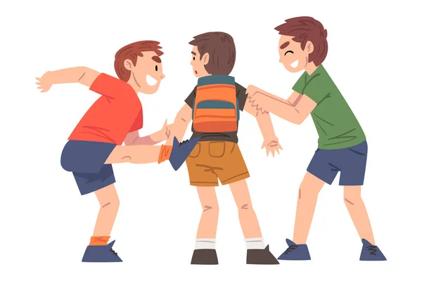 Boy Bullied by others, Two Boys Mocking, Laughing and Attacking Weaker Victim, Mockery and Bullying at School Problem Cartoon Style Vector Illustration — стоковый вектор