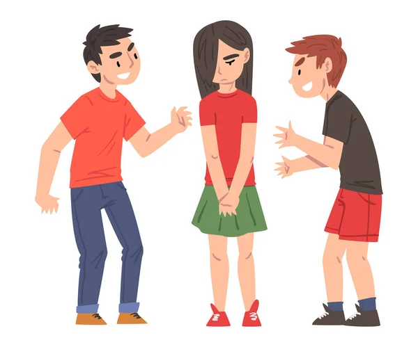 Sad Girl Bullied by Classmates, Two Boys Mocking Her, Pointing Fingers and Laughing, Mockery and Bullying at School Problem Cartoon Style Vector Illustration - Stok Vektor