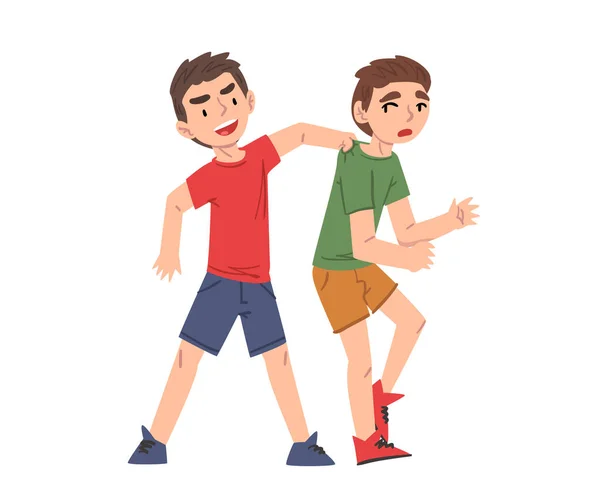 Bully Boy attackiert traurigen schwächeren Jungen, Spott und Mobbing in der Schule Problem Cartoon Style Vector Illustration — Stockvektor