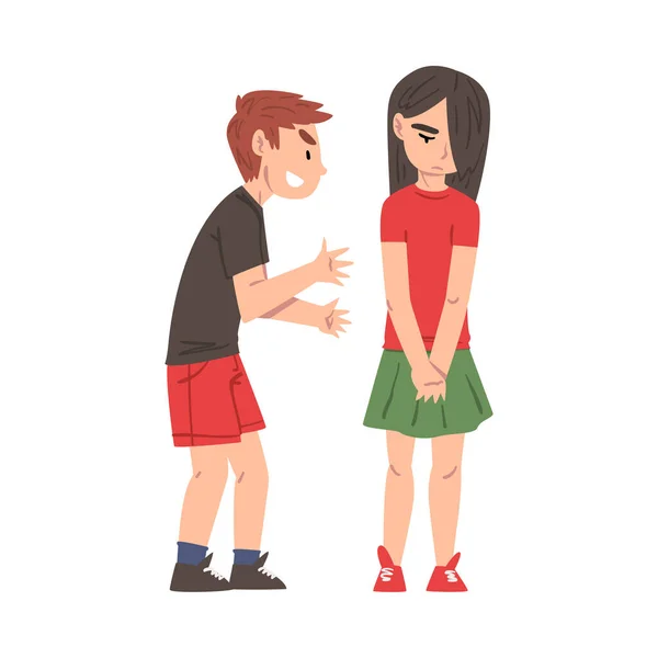 Menina triste intimidado por menino, colega de classe Mocking Her, Mockery e bullying na escola Problema Desenhos animados Estilo Vector Ilustração — Vetor de Stock