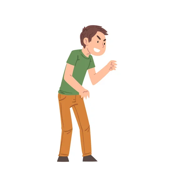 Junge Charakter Mobbing jemand Zeigefinger, Schurkenkind, schlechtes Kinderverhalten Cartoon-Stil Vektor-Illustration — Stockvektor
