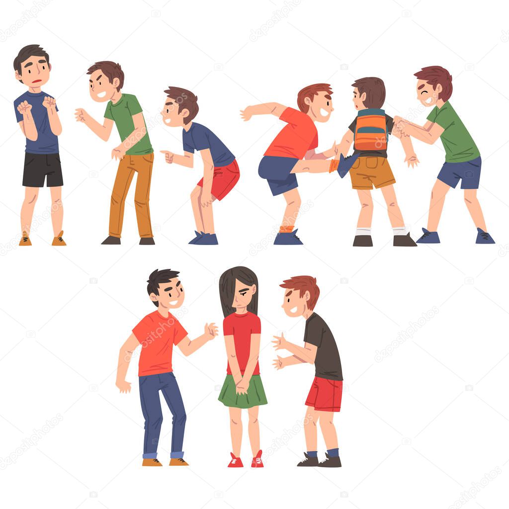 Conflicts Between Children Set, Violent Behavior Among Schoolkids, Mockery and Bullying at School Concept Cartoon Style Vector Illustration