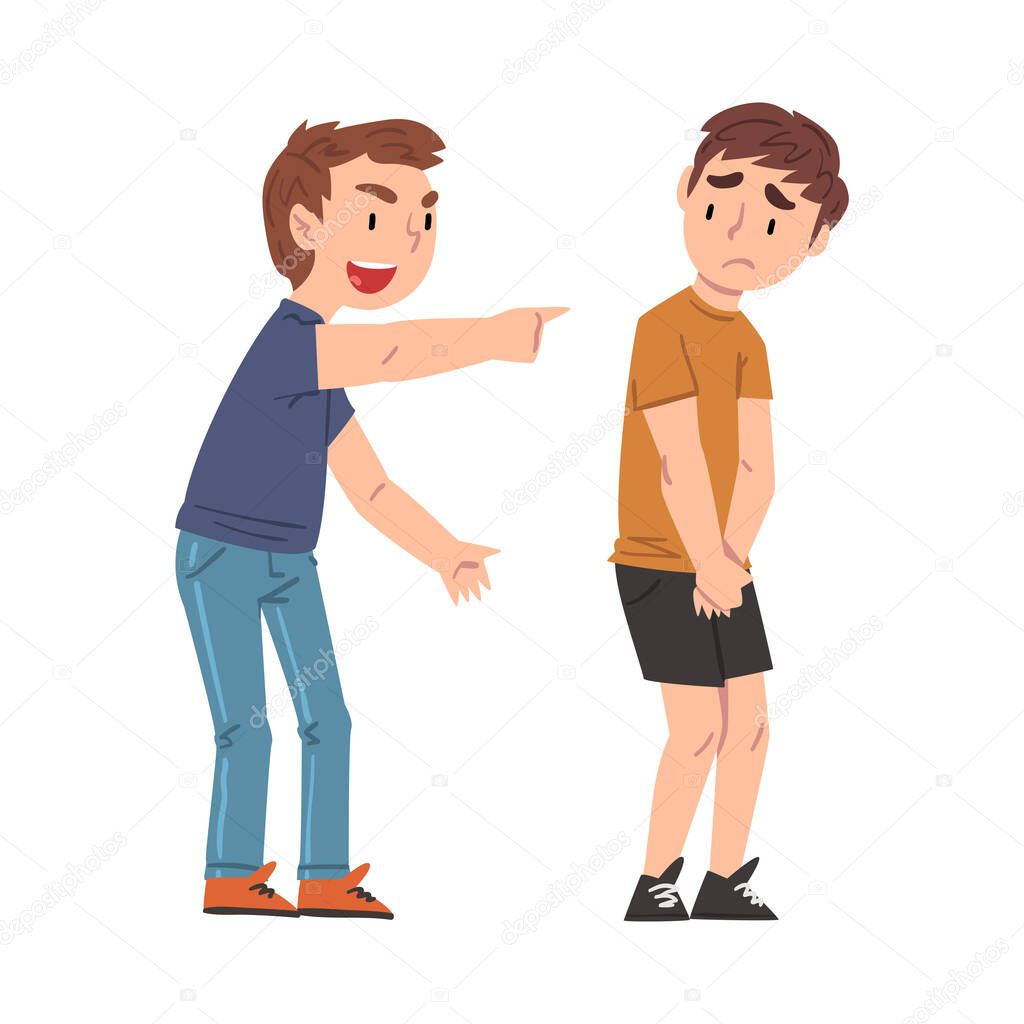 Boy Bullying, Mocking and Pointing Finger at Weaker, Mockery and Bullying at School Concept Cartoon Style Vector Illustration