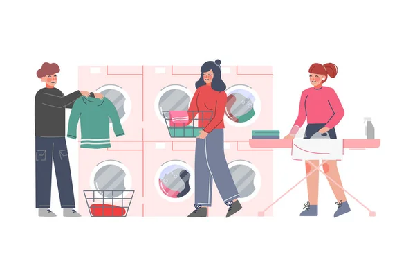 Leute, die in öffentlichen Waschsalons Wäsche waschen, junge Männer und Frauen waschen, trocknen und bügeln Kleidung — Stockvektor