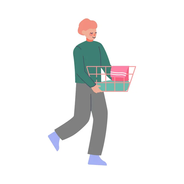 Hombre joven haciendo la lavandería en el hogar o público Laundrette, Guy llevando la cesta de la ropa sucia Estilo plano Vector Ilustración — Archivo Imágenes Vectoriales