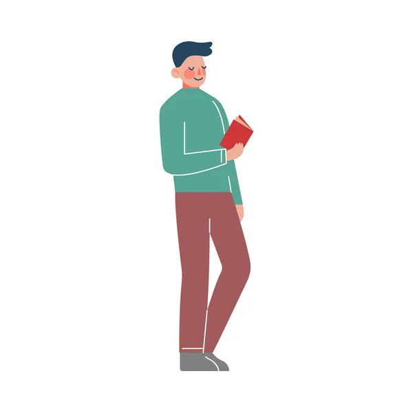 Guy Berdiri dan Membaca Buku, Young Man Menghabiskan Spare Time dengan Membaca Literature Flat Style Vector Illustration - Stok Vektor