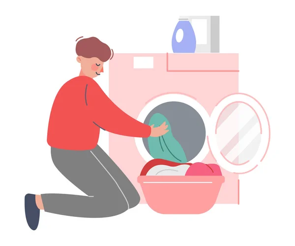 Young Man Putting Dirty Clothes in Washing Machine, Guy Doing Laundry at Home Flat Style Vector Illustration — Stock Vector