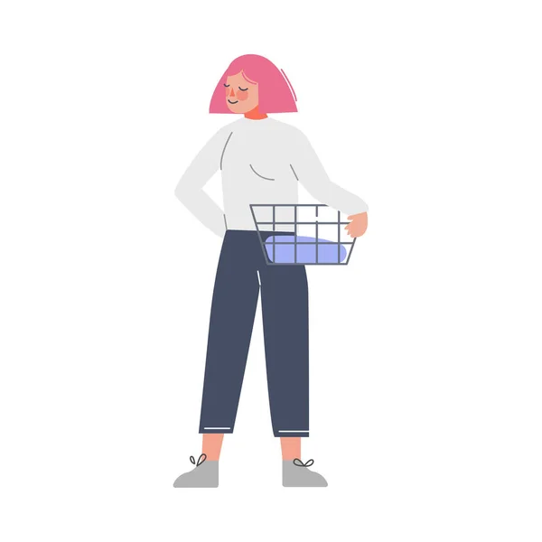 Mujer joven haciendo lavandería en el hogar o lavandería pública, niña sosteniendo cesta de ropa sucia Estilo plano Vector Ilustración — Vector de stock