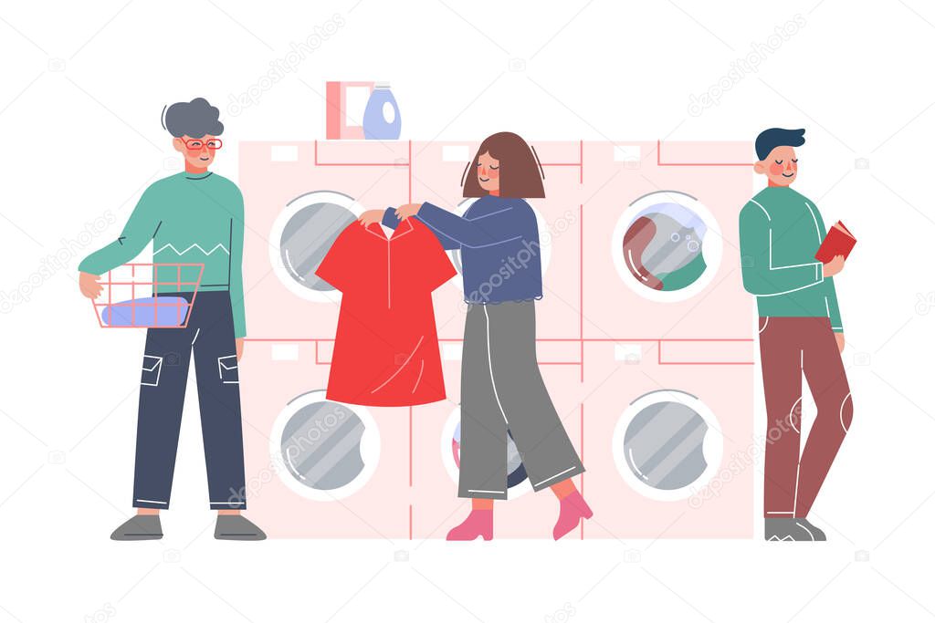 People Doing Laundry at Public Laundrette, Clients Washing and Drying Clothes Flat Style Vector Illustration