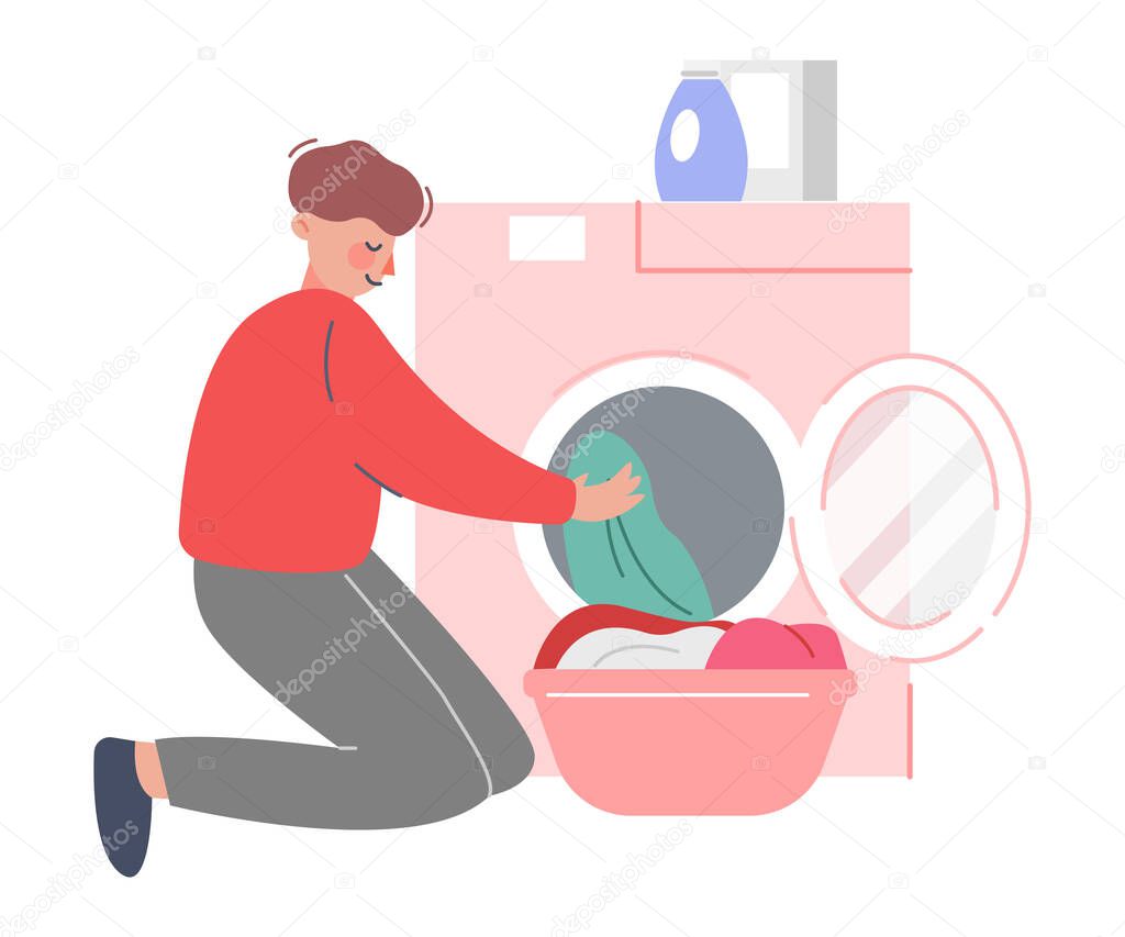 Young Man Putting Dirty Clothes in Washing Machine, Guy Doing Laundry at Home Flat Style Vector Illustration