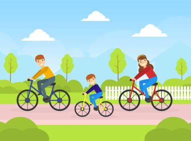 Park 'ta Mutlu Aile Bisikletleri, Spor ve Açık Hava Etkinliği Çizgi Filmi Vektör İllüstrasyonu