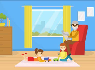 Büyükbaba torunlarıyla evde vakit geçiriyor, Şirin Çocuk ve Kız Oyuncaklar oynuyor, Büyükbaba Kol Sandalyesinde oturuyor ve Gazete Çizgi Filmlerinde Vektör İllüzyonu okuyor
