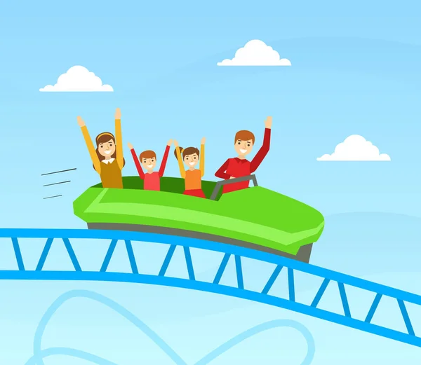 Family Riding Roller Coaster razem, Happy People having Fun in Amusement Park w letnie wakacje Ilustracja wektor kreskówek — Wektor stockowy