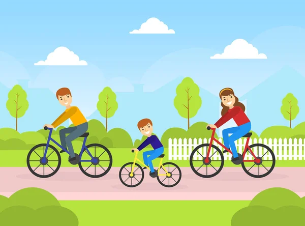 Bicicletas familiares felices en el parque, deportes y ocio Actividad al aire libre Dibujos animados Vector Ilustración — Vector de stock