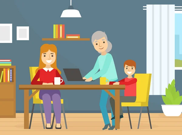Mamá e hijo sentados en la mesa bebiendo té, abuela sosteniendo el ordenador portátil, familia feliz pasar tiempo en casa Dibujos animados Vector Ilustración — Archivo Imágenes Vectoriales