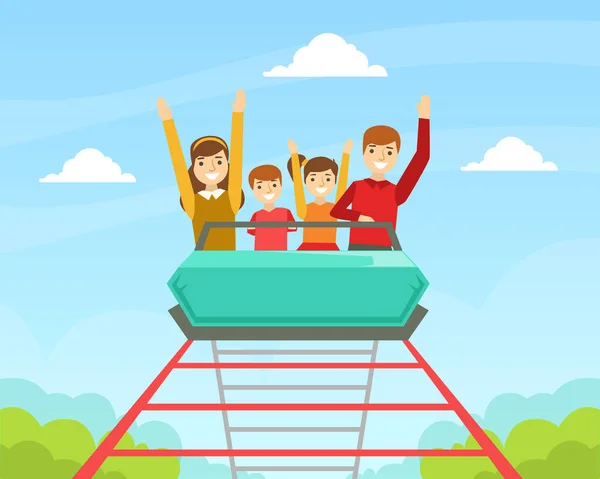 Family Riding Roller Coaster Together, Happy People Having Fun in Amusement Park Cartoon Vector Illustration - Stok Vektor