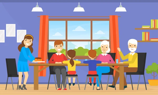 Счастливая большая семья обедает вместе, бабушки, дедушки и дедушки веселятся и веселятся — стоковый вектор