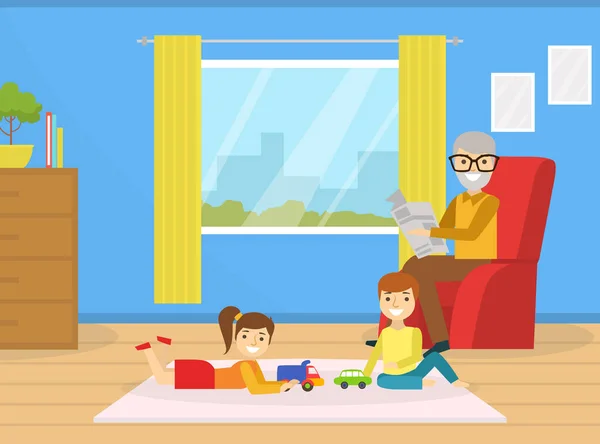 Grandfather Spending Time with Grandchildren at Home, Cute Boy and Girl Playing Toys, Grandparent Sitting on Armchair and Reading Newspaper Cartoon Vector Illustration — Stock Vector