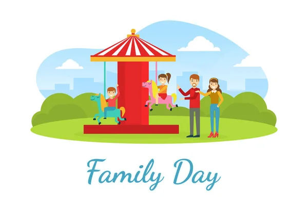 Family Day Landing Banner Template, Happy Parents and Kids Having Fun in Amusement Park Cartoon Vector Illustration — Stock Vector