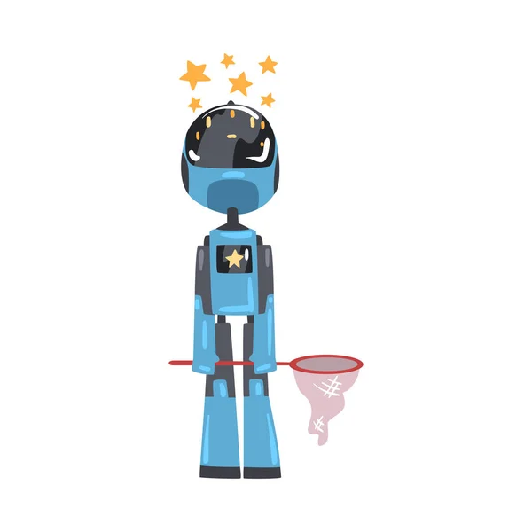 Robot amical avec Net et étoiles au-dessus de sa tête, personnage assistant robotique personnel mignon, concept d'intelligence artificielle Illustration vectorielle de style bande dessinée — Image vectorielle