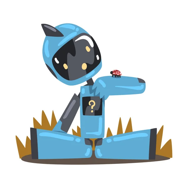 Friendly Robot Sitting on Grass on Nature, Cute Personal Robotic Assistant Character, Artificial Intelligence Concept Cartoon Style Vector Illustration — 스톡 벡터