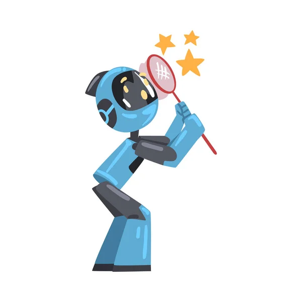 Friendly Robot Catching Stars with Net, Cute Personal Robotic Assistant Character, Sztuczna inteligencja Concept Wektor stylu kreskówek ilustracji — Wektor stockowy