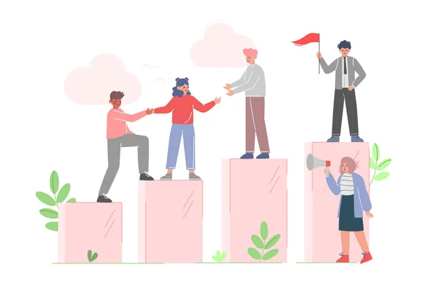 Pemimpin tim Motivating Collegues to Climb to the Goal on Column of Columns, Business Leadership Concept Cartoon Vector Illustration (dalam bahasa Inggris). - Stok Vektor