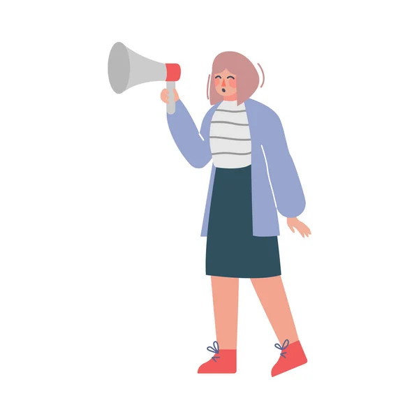 Businesswoman Shouting Through Loudspeaker, Social Media Marketing Concept, Business Promotion, Advertising Cartoon Vector Illustration — Stockový vektor