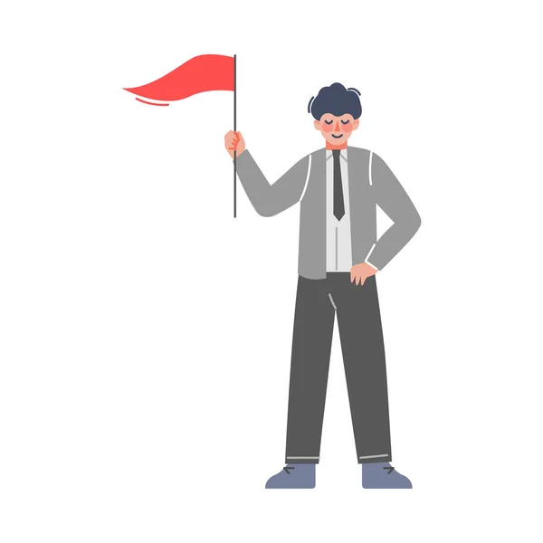 Man Holding Red Flag, Successful Businessman, Goal Achievement Konsep Kartun Vektor Ilustrasi - Stok Vektor