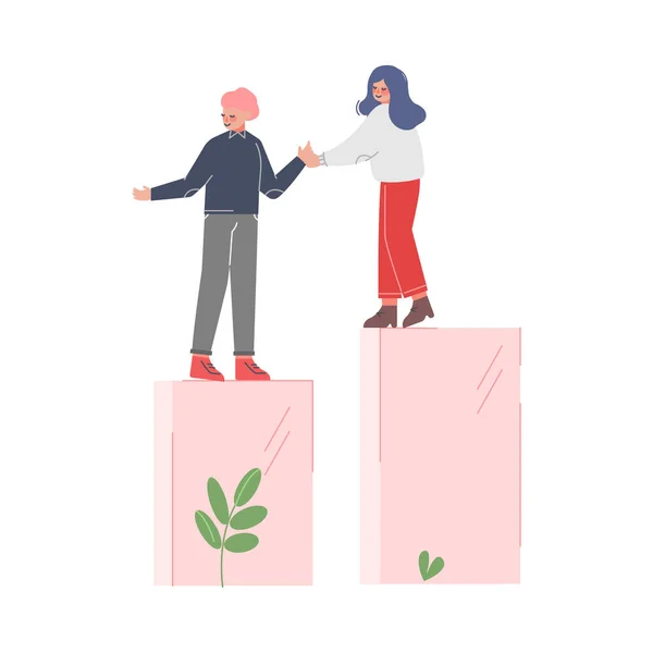 Vrouw Helpen Man te klimmen op kolom van kolommen, Motivatie omhoog, Teamleider Business Concept Cartoon Vector Illustratie — Stockvector