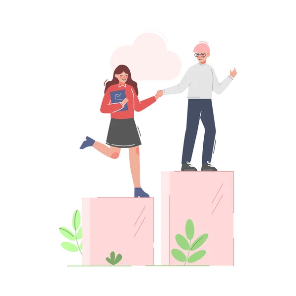 女性がコラムに登るのを助ける男,モチベーションを上に移動,チームリーダービジネスコンセプト漫画ベクトルイラスト — ストックベクタ
