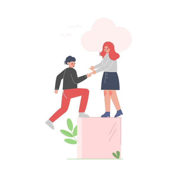 上昇図の列の上に登るために男を助ける女性,モチベーションビジネスコンセプト漫画ベクトルイラストを上に移動 — ストックベクタ