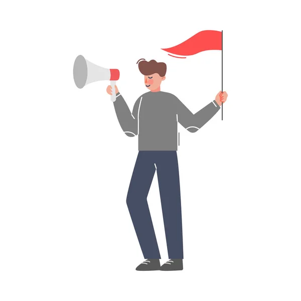 Hombre de negocios con bandera gritando a través de altavoz, concepto de marketing en redes sociales, promoción empresarial, ilustración de vectores de dibujos animados publicitarios — Vector de stock