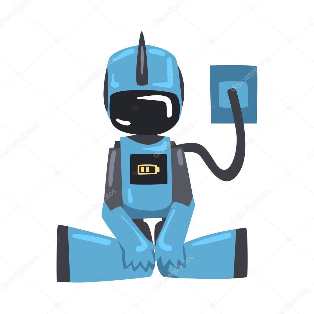 Discharged Robot Replenishing its Supply of Energy, Artificial Intelligence Concept Cartoon Style Vector Illustration