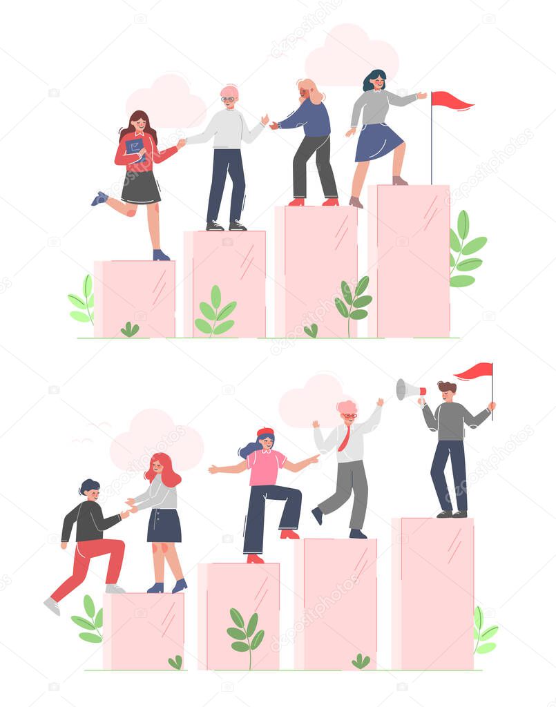 Business People Climbing up to the Goal on Column of Columns Set, Moving up Motivation Business Concept Cartoon Vector Illustration