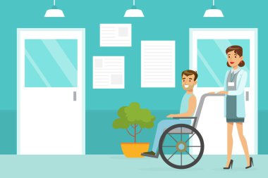 Doktor ya da hemşire engelli hastayı tıbbi klinikte tekerlekli sandalyeye itiyor, sağlık, sağlık sigortası konsepti çizgi film temsilciliği