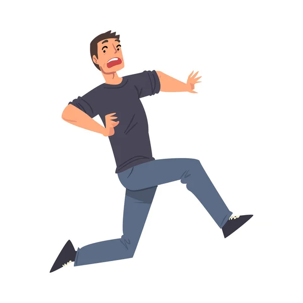 Vyděšený muž běžící strach z něčeho, zděšený,, šokovaný chlap postava karikatura styl vektorové ilustrace — Stockový vektor