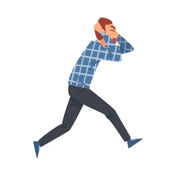 Muž běží strach z něčeho, zděšený, vyděšený, šokovaný chlap drží hlavu s rukama karikatury styl vektorové ilustrace — Stockový vektor