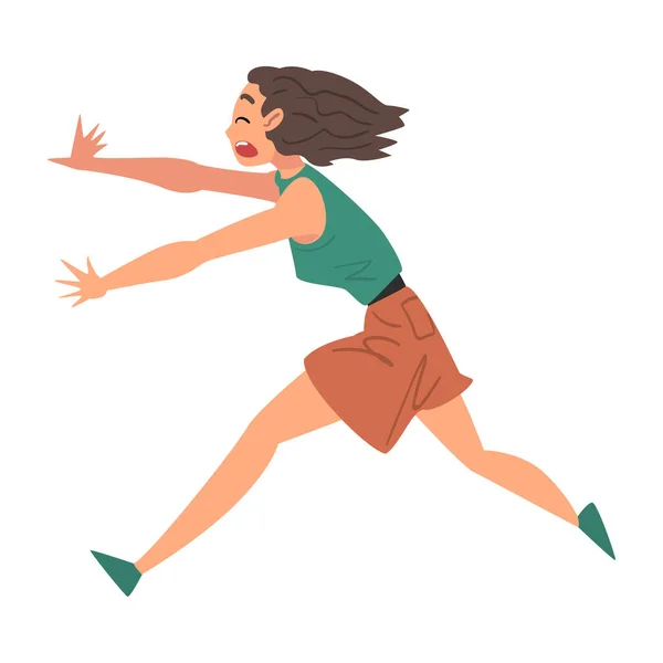 Mujer joven corriendo con miedo de algo, aterrorizada, asustada, chica conmocionada con miedo Expresión en su cara Dibujos animados Estilo Vector Ilustración — Archivo Imágenes Vectoriales