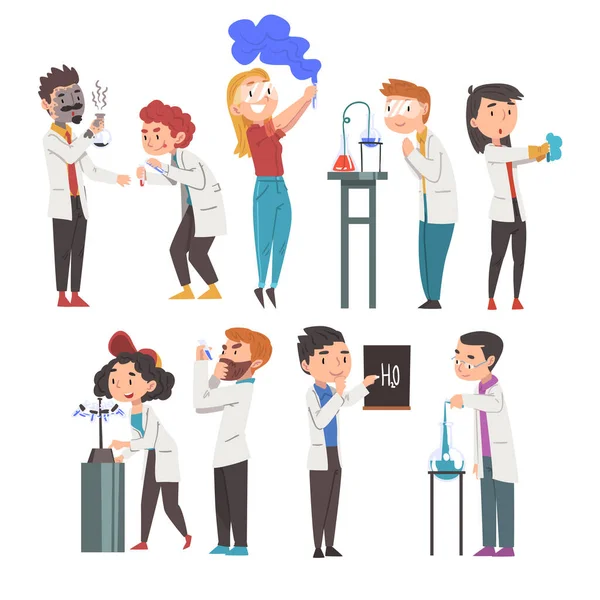 Chemiker, die Experimente durchführen, Wissenschaftler oder Studenten im Labormantel, die an medizinischen oder Forschungslaboratorien arbeiten, Zeichentrick-Vektor-Illustration — Stockvektor