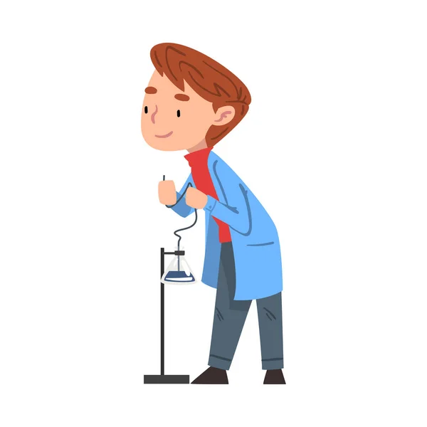 Científico químico masculino con equipo de laboratorio, médico o personaje estudiantil que trabaja en la ilustración vectorial del estilo de la historieta del laboratorio médico o de investigación — Vector de stock