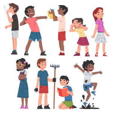 İyi ve Kötü Çocuk Davranış Seti, Yaramaz ve İtaatkar Çocuklar, Barışçıl Oynayan Sevimli Çocuklar ve Çizgi Film Tarzı Vektör İllüzyonu