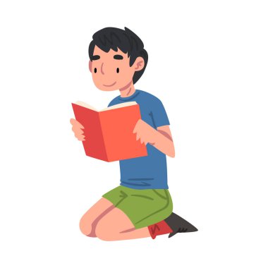 Çocuk Kitap Okuyor Dizlerinin üstünde Oturuyor Beyaz Arkaplanda Çizgi Film Stili Vektör İllüzyonu