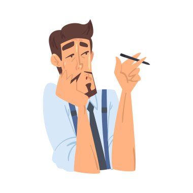 Düşünceli İşadamı, Komik Ofis İşçisi Resmi Stil Kıyafetler Karakteri, İş Avatar Çizgi Film Stili Vektör İllüstrasyonu