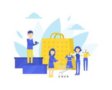 İnsanlar Giysi Mağazasından Giysi Seçip Satın Alırken, Alışveriş Yardımcısı Müşteri Yardımcıları Çizgi Film Vektör İllüstrasyonu