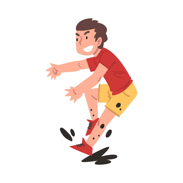 Boy Jumping in the Mud, Bad Child Behavior Cartoon Style Vector Illustration on White Background. — Vector de stock