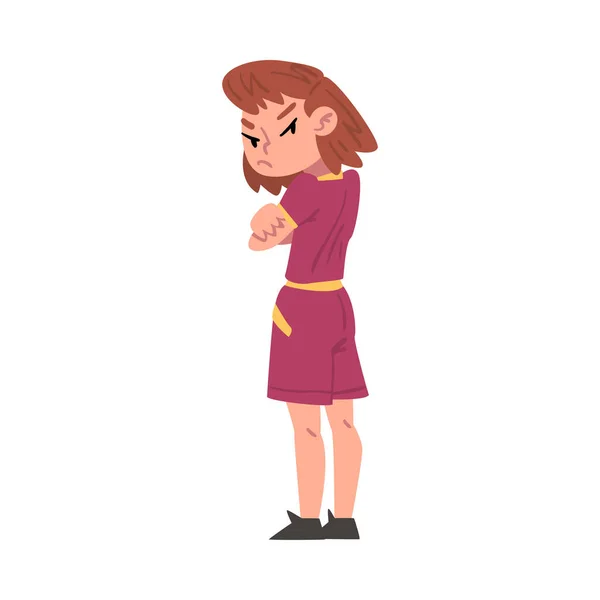 Little Offended Girl Standing with Folded Hands Cartoon Style Vector Illustration on White Background — Stock Vector