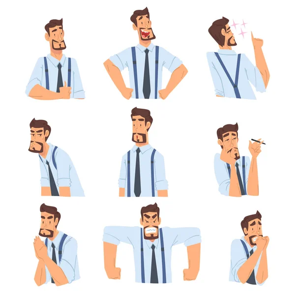 Empresario con varias emociones y expresión facial, personaje de trabajador de oficina, ilustración vectorial de estilo de dibujos animados de avatar de negocios — Vector de stock