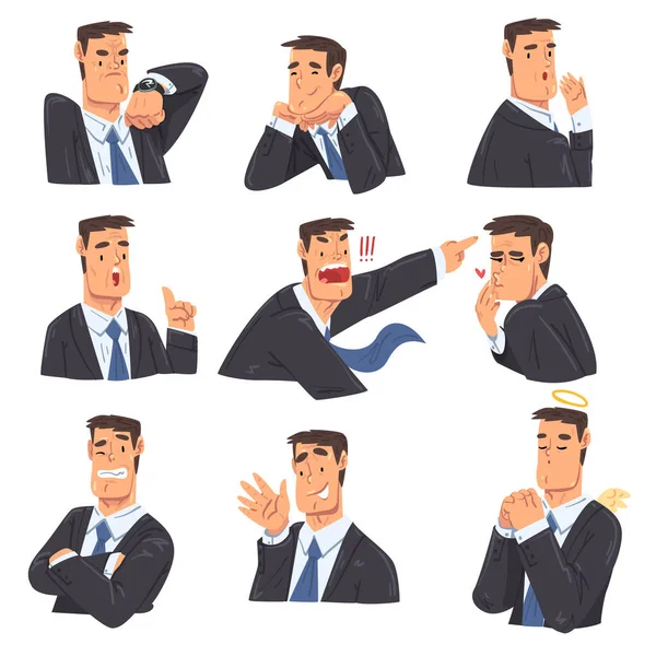 Uomo d'affari con varie emozioni e espressioni facciali, Funny Office Worker Character in Abbigliamento stile formale, Illustrazione vettoriale Avatar stile cartone animato — Vettoriale Stock