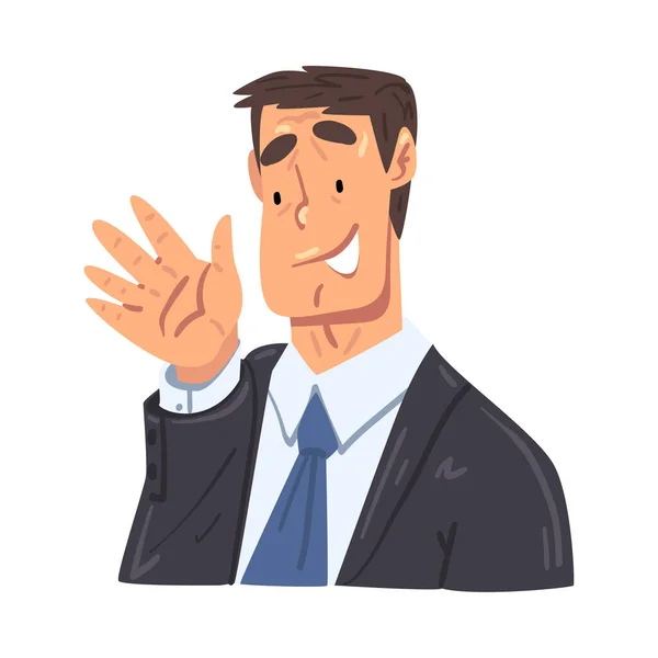 Empresario agitando su mano, personaje de trabajador de oficina divertido en ropa de estilo formal, avatar de negocios estilo de dibujos animados Vector Ilustración — Archivo Imágenes Vectoriales